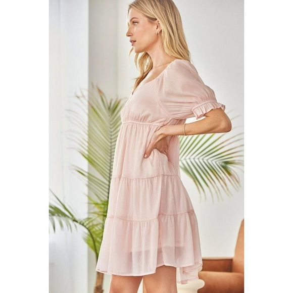 Andree by Unit Shimmery Blush Dress Babydoll Pink Puff Sleeves Tiered New D10039 - Picture 3 of 5